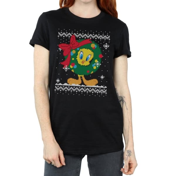 Looney Tunes Dam/Tjej Tweety Pie Christmas Fair Isle Bomull Boyfriend T-shirt