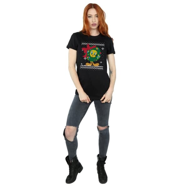 Looney Tunes Dam/Tjej Tweety Pie Christmas Fair Isle Bomull Boyfriend T-shirt