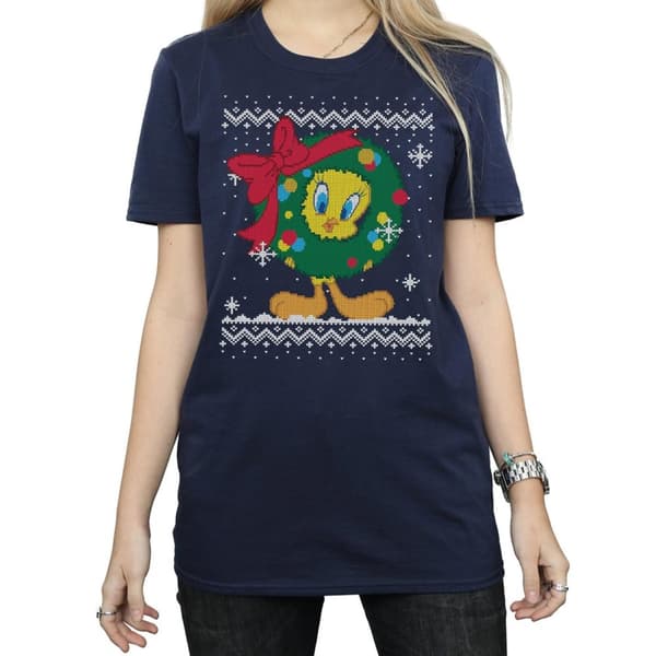 Looney Tunes Dam/Tjej Tweety Pie Christmas Fair Isle Bomull Boyfriend T-shirt