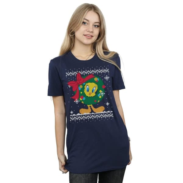 Looney Tunes Dam/Tjej Tweety Pie Christmas Fair Isle Bomull Boyfriend T-shirt