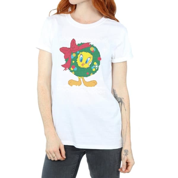 Looney Tunes Dam/Tjej Tweety Pie Christmas Fair Isle Bomull Boyfriend T-shirt