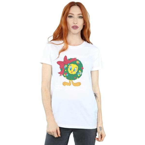 Looney Tunes Dam/Tjej Tweety Pie Christmas Fair Isle Bomull Boyfriend T-shirt