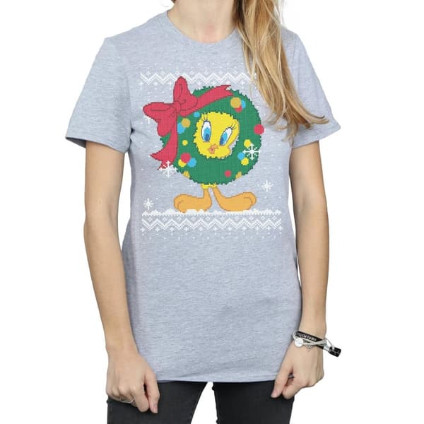 Looney Tunes Dam/Tjej Tweety Pie Christmas Fair Isle Bomull Boyfriend T-shirt
