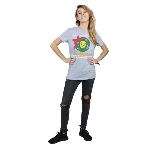 Looney Tunes Dam/Tjej Tweety Pie Christmas Fair Isle Bomull Boyfriend T-shirt