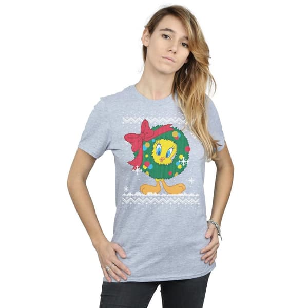 Looney Tunes Dam/Tjej Tweety Pie Christmas Fair Isle Bomull Boyfriend T-shirt
