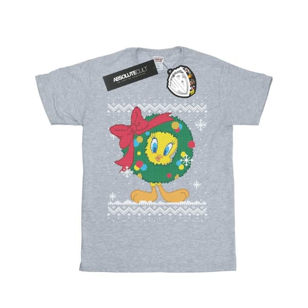 Looney Tunes Dam/Tjej Tweety Pie Christmas Fair Isle Bomull Boyfriend T-shirt