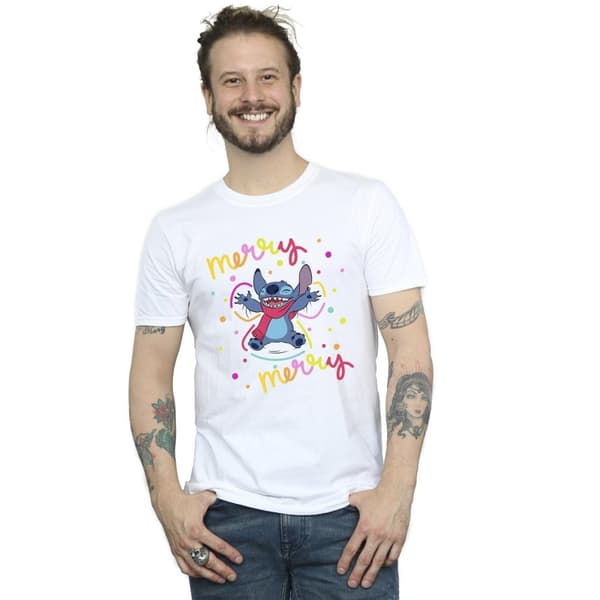 Disney Mens Lilo & Stitch Merry Rainbow T-Shirt