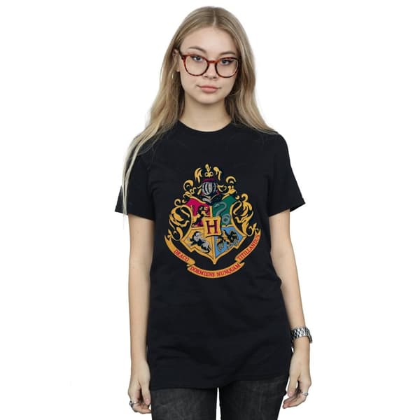 Harry Potter Dam/Tjej Hogwarts Crest Guld Bläck Bomull Boyfriend T-shirt