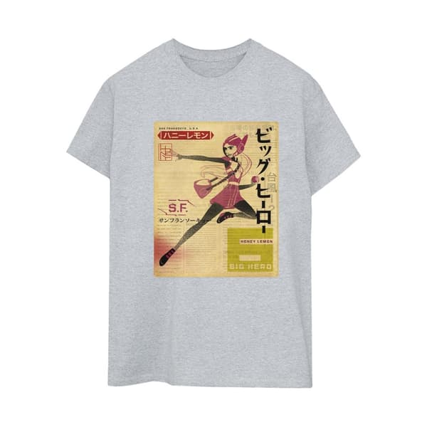 Disney Womens/Ladies Big Hero 6 Baymax Honey Lemon Newspaper Cotton Boyfriend T-Shirt Sports Grey XL