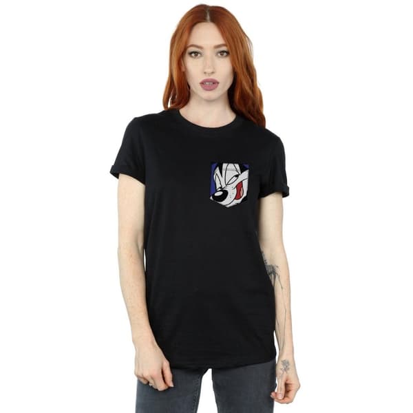 Looney Tunes Dam/Tjej Pepe Le Pew Face Faux Pocket Bomull Boyfriend T-shirt