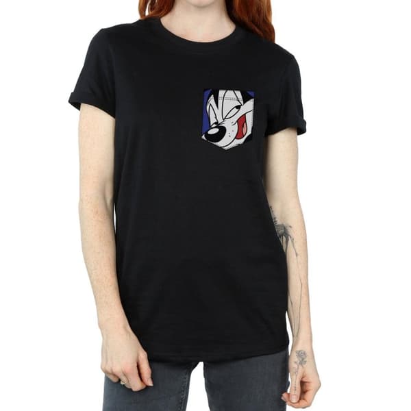 Looney Tunes Dam/Tjej Pepe Le Pew Face Faux Pocket Bomull Boyfriend T-shirt