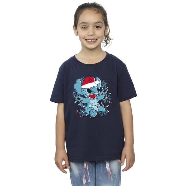 Disney Girls Lilo And Stitch Christmas Lights Sketch Cotton T-Shirt