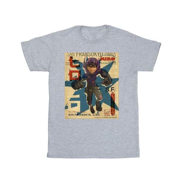 Disney T-shirt i bomull för flickor - Big Hero 6 Baymax Hiro Newspaper Sports Grey 7-8 Years