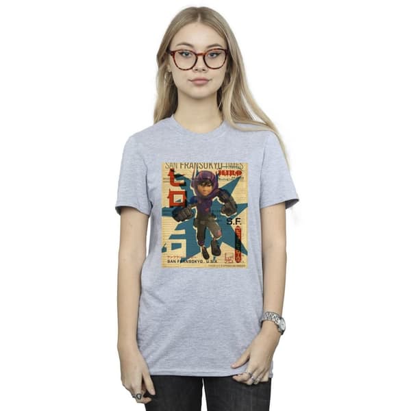 Disney Womens/Ladies Big Hero 6 Baymax Hiro Newspaper Cotton Boyfriend T-Shirt