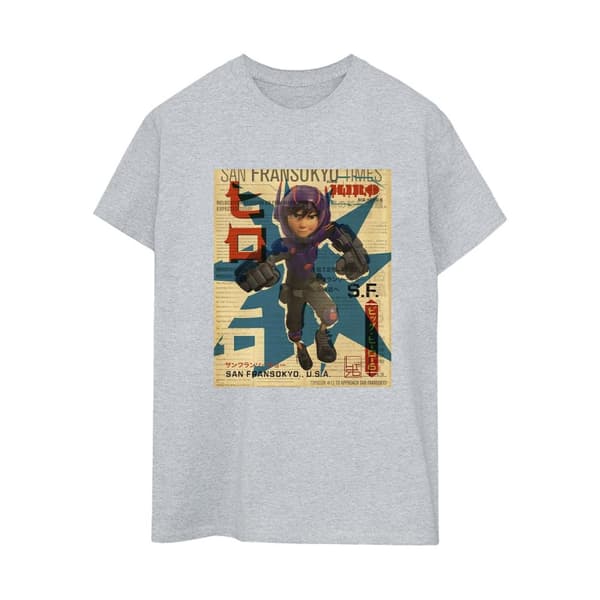 Disney Womens/Ladies Big Hero 6 Baymax Hiro Newspaper Cotton Boyfriend T-Shirt
