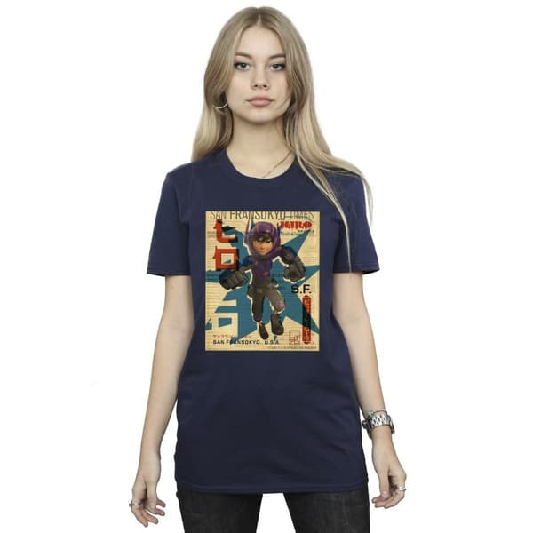 Disney Womens/Ladies Big Hero 6 Baymax Hiro Newspaper Cotton Boyfriend T-Shirt