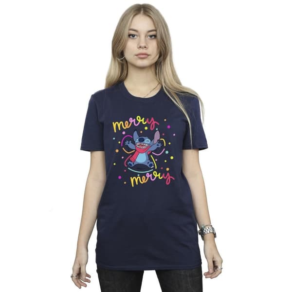 Disney Womens/Ladies Lilo & Stitch Merry Rainbow Cotton Boyfriend T-Shirt