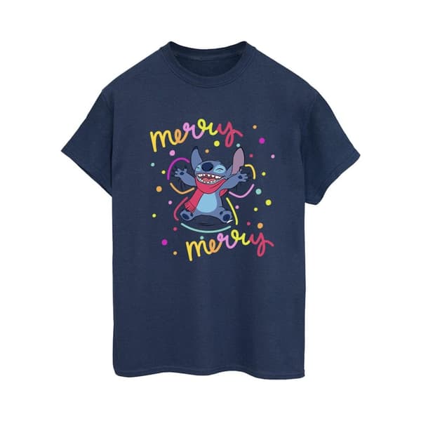 Disney Womens/Ladies Lilo & Stitch Merry Rainbow Cotton Boyfriend T-Shirt