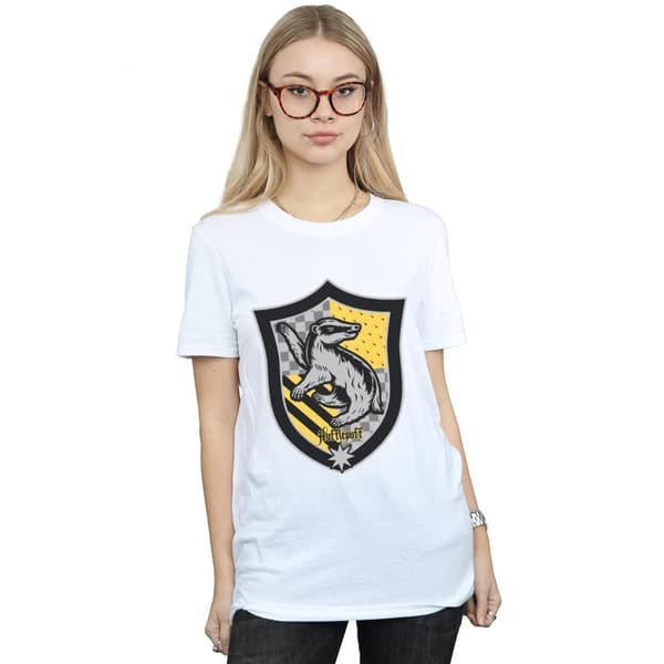 Harry Potter Dam/Häst Hufflepuff Crest Boyfriend T-shirt i platt bomull