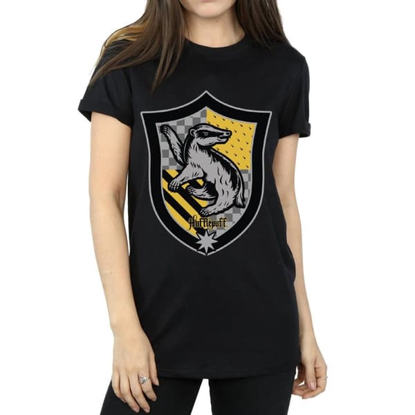 Harry Potter Dam/Häst Hufflepuff Crest Boyfriend T-shirt i platt bomull