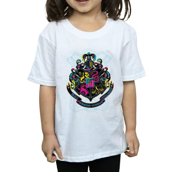 Harry Potter Girls Neon Hogwarts Crest Cotton T-Shirt
