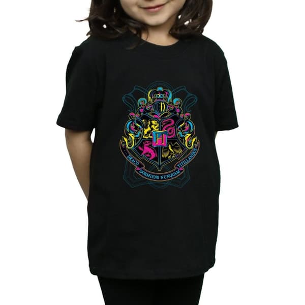 Harry Potter Girls Neon Hogwarts Crest Cotton T-Shirt