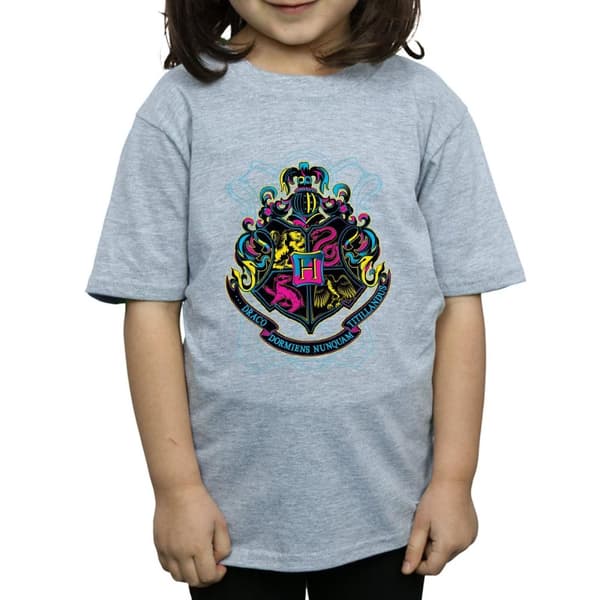 Harry Potter Girls Neon Hogwarts Crest Cotton T-Shirt