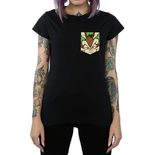 Looney Tunes Womens/Ladies Wile E Coyote Face Faux Pocket Cotton T-Shirt