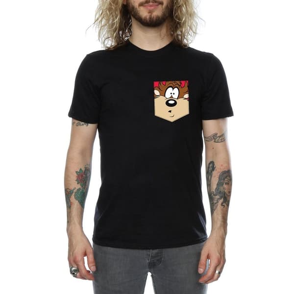 Looney Tunes Mens Tasmanian Devil Face Faux Pocket T-Shirt