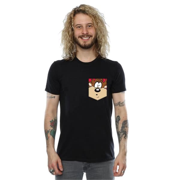 Looney Tunes Mens Tasmanian Devil Face Faux Pocket T-Shirt