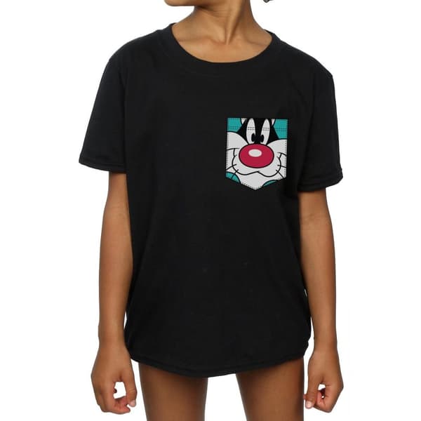 Looney Tunes T-shirt i bomull med fuskficka och Sylvesteransikte för flickor