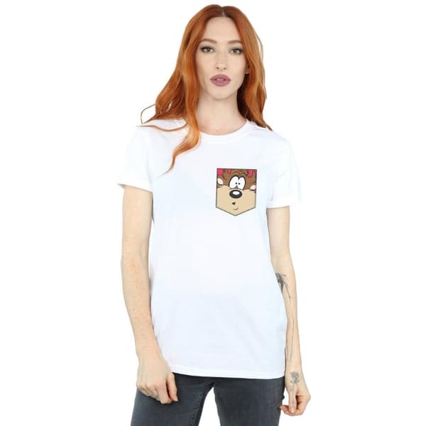 Looney Tunes Womens/Ladies Tasmanian Devil Face Faux Pocket Cotton Boyfriend T-Shirt