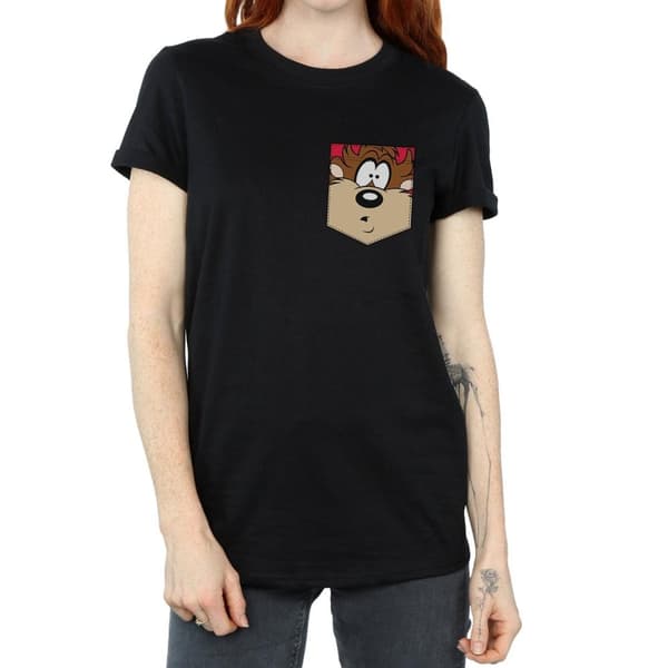 Looney Tunes Womens/Ladies Tasmanian Devil Face Faux Pocket Cotton Boyfriend T-Shirt