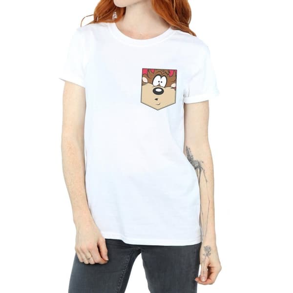 Looney Tunes Womens/Ladies Tasmanian Devil Face Faux Pocket Cotton Boyfriend T-Shirt