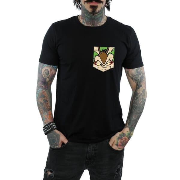 Looney Tunes Mens Wile E Coyote Face Faux Pocket T-Shirt
