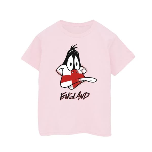 Looney Tunes T-shirt i bomull med Daffy England-ansikte för flickor Baby Pink 9-11 Years