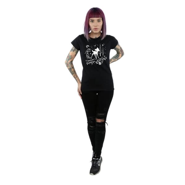 Disney Dam/Tjej Bambi Julhälsningar Bomulls-T-shirt Black L