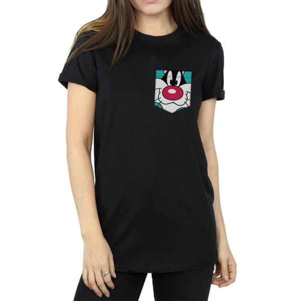Looney Tunes Dam/Tjej Sylvester Face Faux Pocket Boyfriend T-shirt i bomull