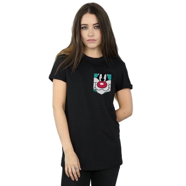 Looney Tunes Dam/Tjej Sylvester Face Faux Pocket Boyfriend T-shirt i bomull