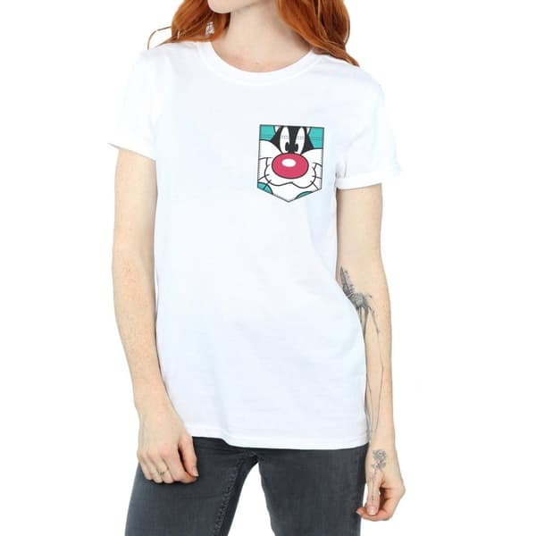 Looney Tunes Dam/Tjej Sylvester Face Faux Pocket Boyfriend T-shirt i bomull