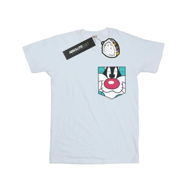 Looney Tunes Dam/Tjej Sylvester Face Faux Pocket Boyfriend T-shirt i bomull White XXL