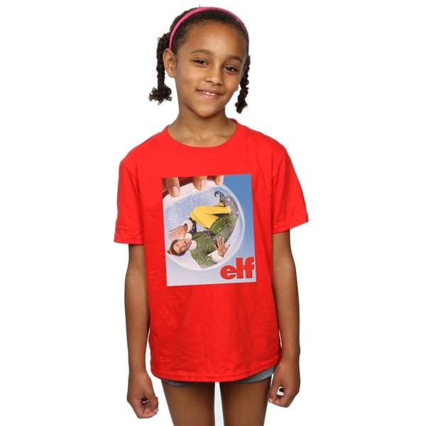 Elf T-shirt i bomull med affisch av snögloben för flickor