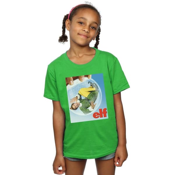 Elf T-shirt i bomull med affisch av snögloben för flickor