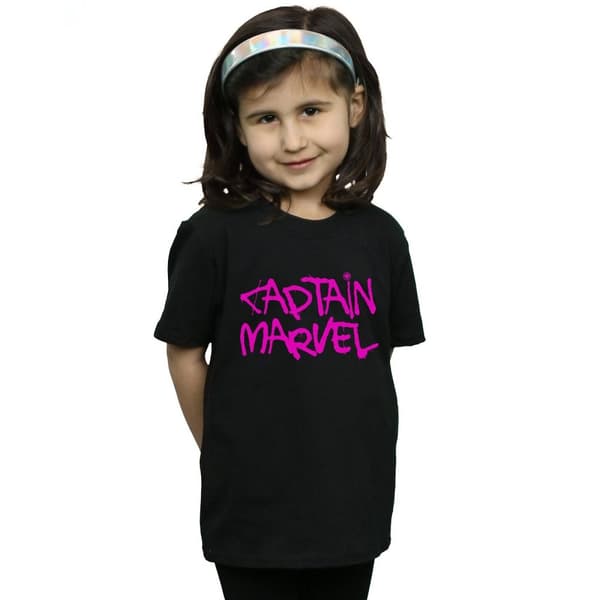 Marvel Girls Captain Marvel Spray Text Cotton T-Shirt
