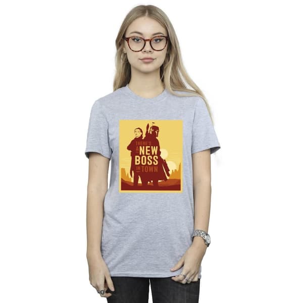 Star Wars Pojkvänst-shirt i bomull med silhuett av Boba Fetts bok New Boss Sun för damer/damer