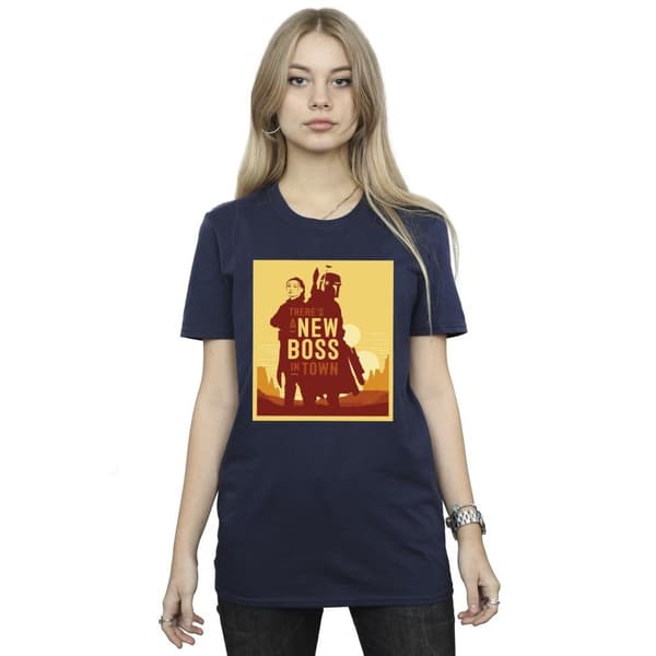 Star Wars Pojkvänst-shirt i bomull med silhuett av Boba Fetts bok New Boss Sun för damer/damer
