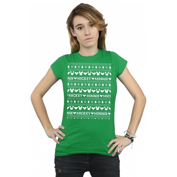 Disney Womens/Ladies Mickey And Minnie Christmas Fair Isle Cotton T-Shirt