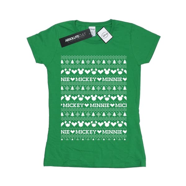 Disney Womens/Ladies Mickey And Minnie Christmas Fair Isle Cotton T-Shirt