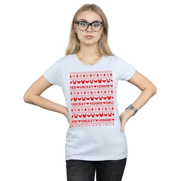 Disney Womens/Ladies Mickey And Minnie Christmas Fair Isle Cotton T-Shirt
