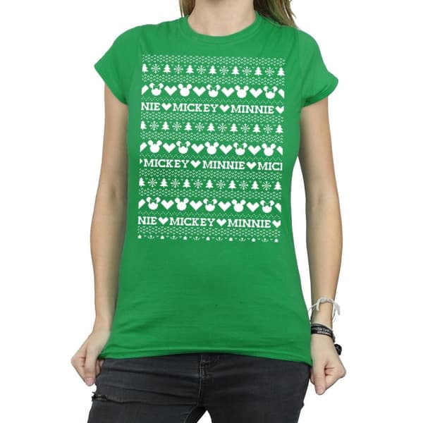 Disney Womens/Ladies Mickey And Minnie Christmas Fair Isle Cotton T-Shirt